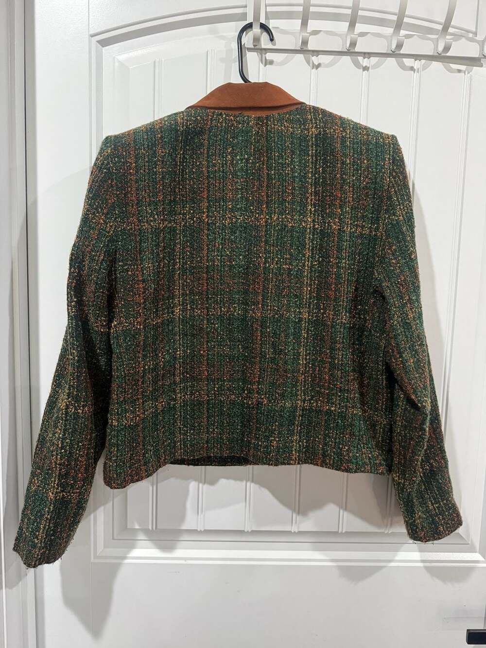 Vintage Sunshine Starshine Green Plaid Tweed Blazer Suede Collar Academia Size 1 - Picture 3 of 6